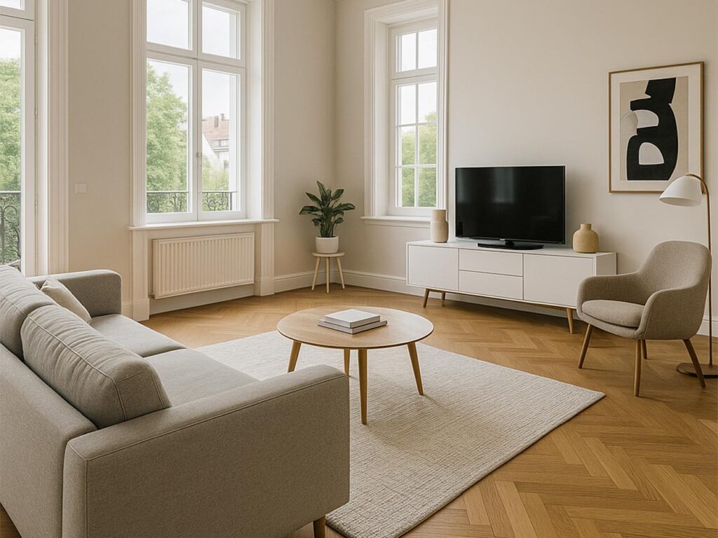 Auctiora Grosszuegiger Salon mit klassischer Muenchner Architektur